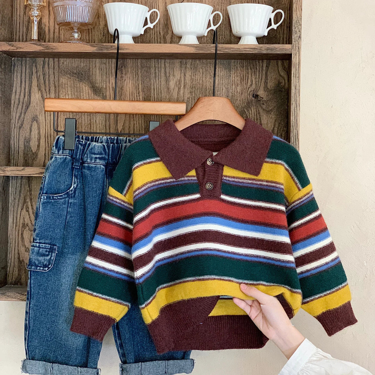 Children's Sweater Autumn Boys' and Girls' Korean Version Collar Striped Knitted Sweater Rainbow Top Trendy Kids Clothes