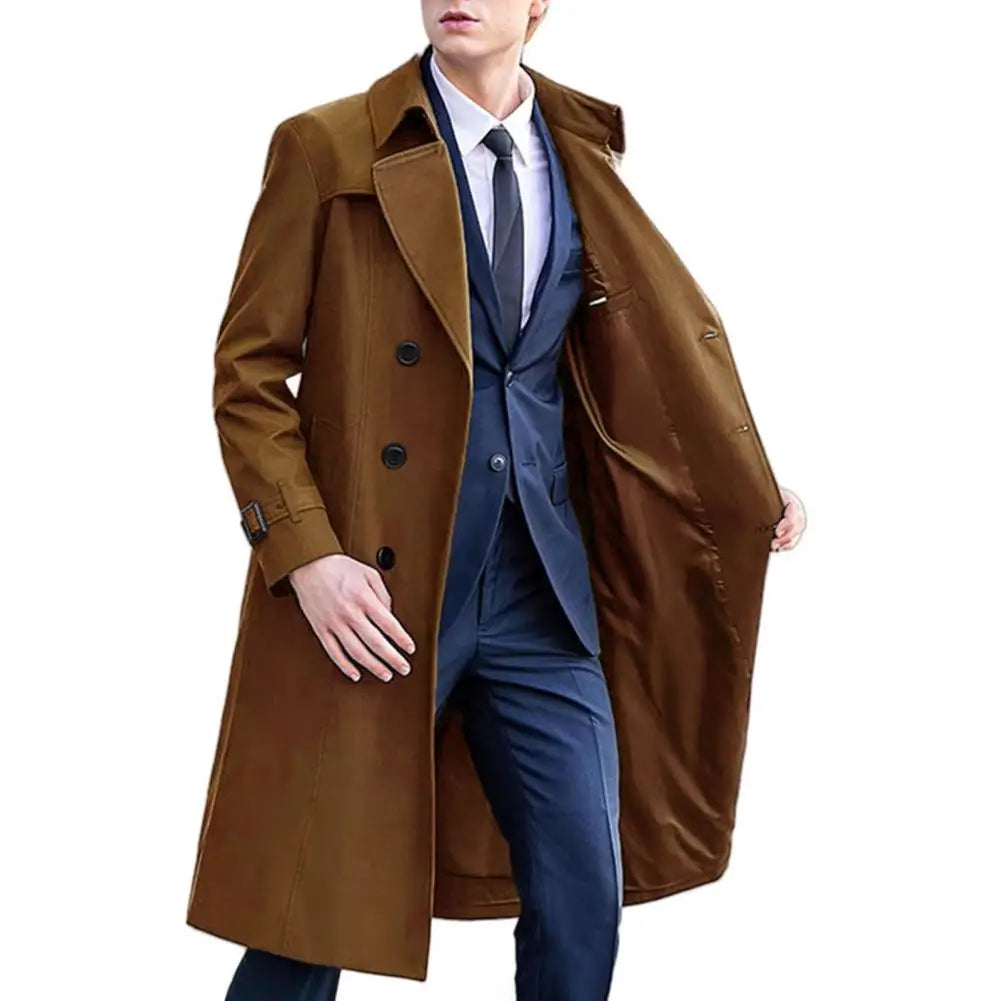 Men Windbreaker Coat Lapel Long Sleeve Double Breasted Mid-Length Trench Solid Color Casual Business Outerwear