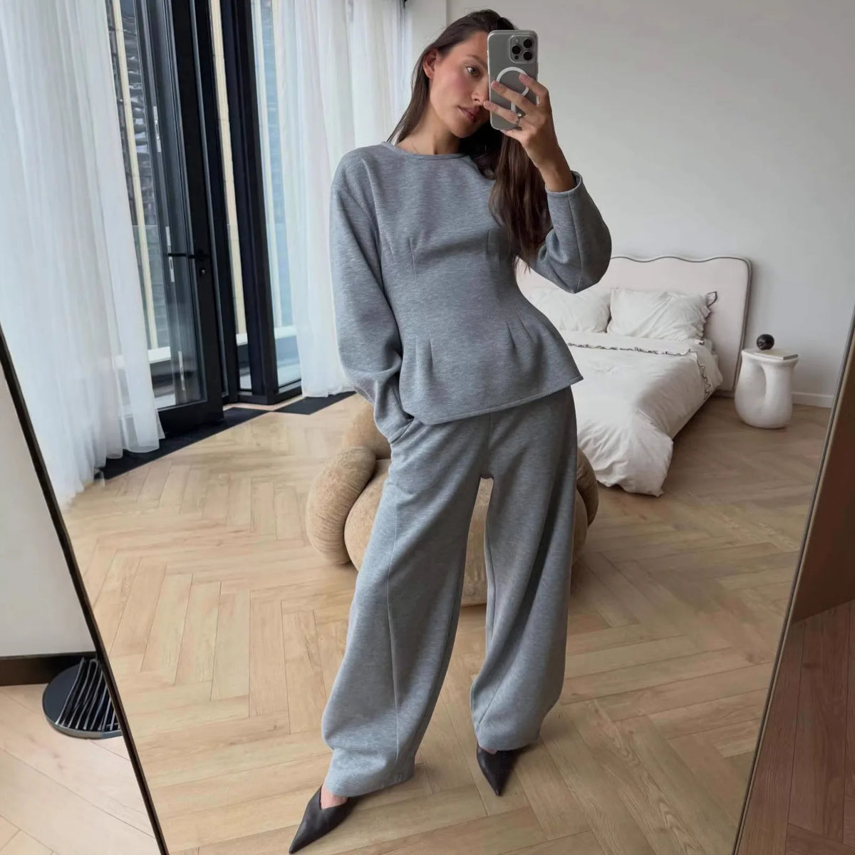 Women Sports Suit Top Wide Leg Pants 2 Piece Sets Round Collar Sweatshirt Trousers Tracksuit Sportswear Outfits Spring 2026