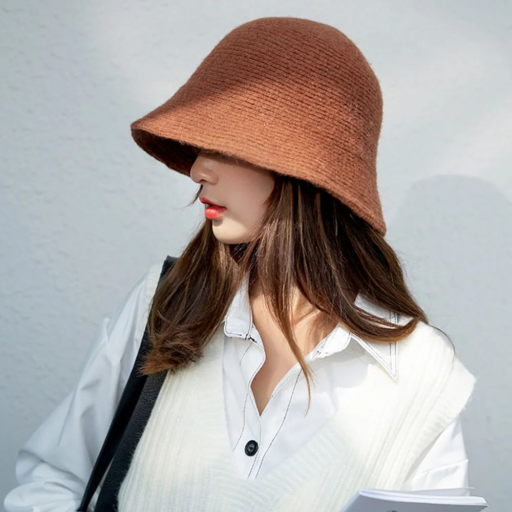 Hip Hop Women Thicken Autumn Knitted Winter Bucket Hat Warm Hats Felt Wool Hat Fishing Cap