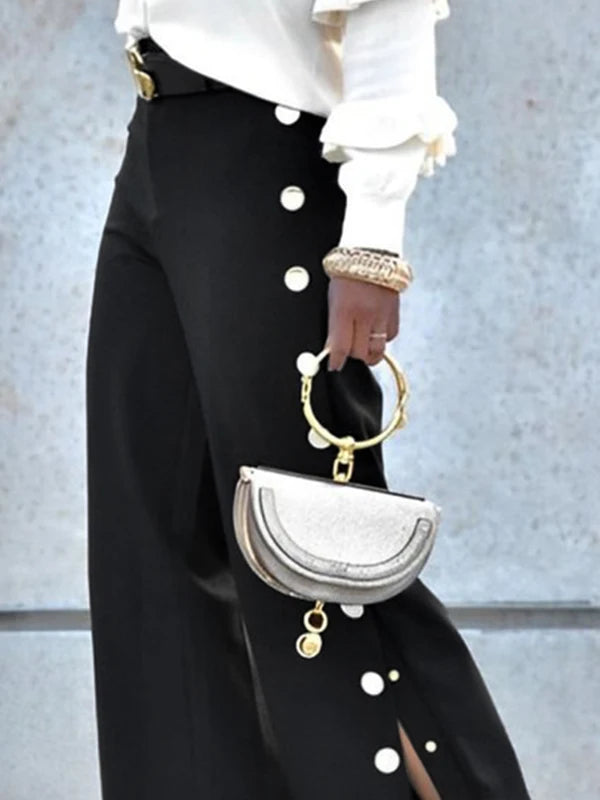 Krisstar 2025 Sping Summer Women Black High Waisted Pants Office Urban Buttoned Leisure Fashion Long Trousers Capris for Female