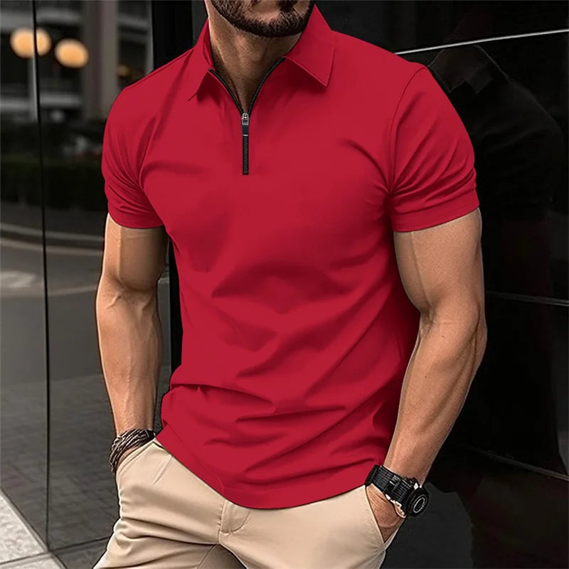 Men's stylish half-zip collar polo shirt, black slim fit short-sleeved top, business casual and versatile, available in 8 colors