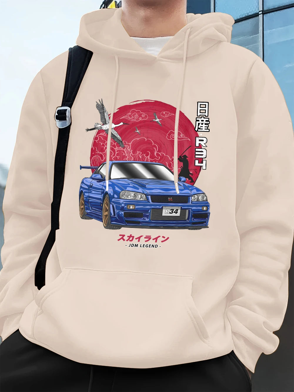 Nippon Jdm Skyline Gtr R34 Prints Mens Hoodies Autumn Pocket Sweatshirt Basics Fleece Warm Loose Pullover Korean Men'S Clothes