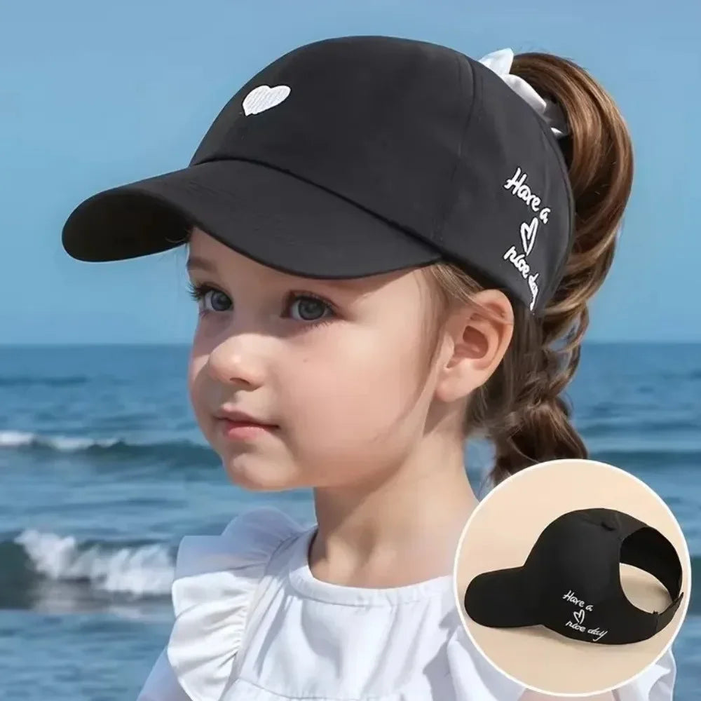 Kids Baseball Caps for Boys Girls Sun Hat Love Heart Hollow High Ponytail Caps Children Adjustable Baseball Caps for 4-12 Years