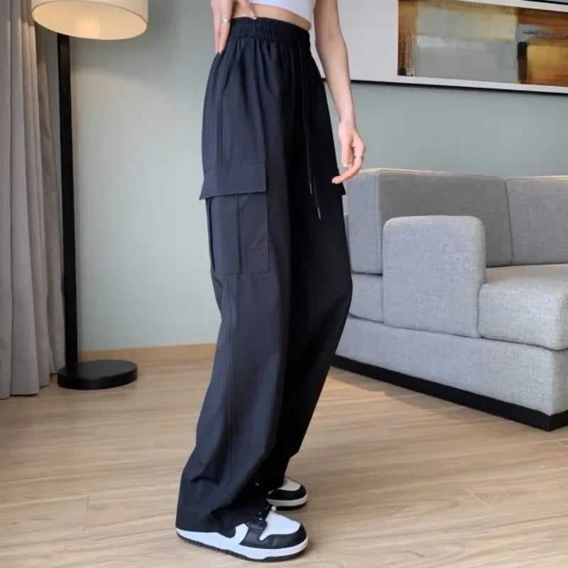Summer Cargo Pants for Women Wide Leg High Waist Drawstring Woman Trousers Ice Silk Casual G Autumn Clothing Chic and Elegant