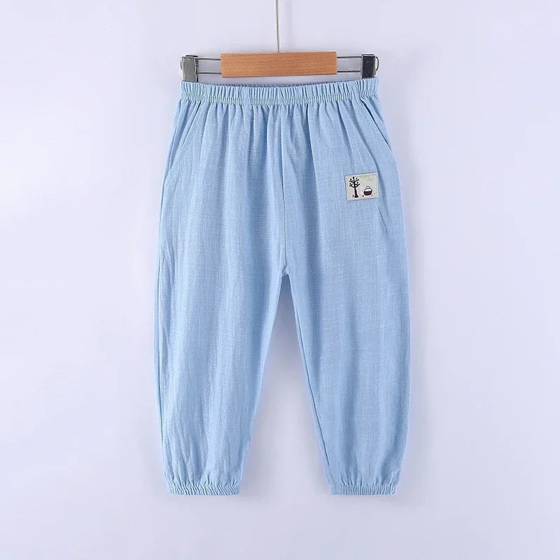 Children Trousers For Boys Girls Cotton Linen Elastic Waist Solid Color Summer Mosquito Pants Kids Clothing Long Pants 100-160cm