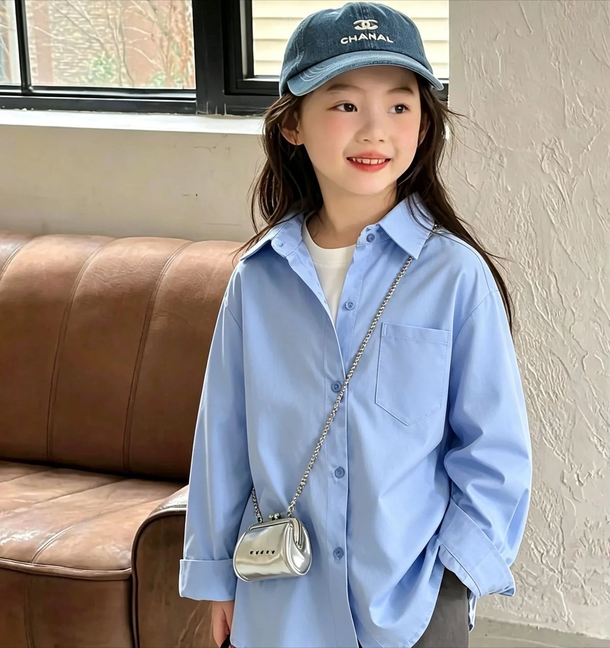 Girls Shirts Kids Clothes Korean 2024 New Fashion Spring Versatile Loose Casual Thin Solid Blouses Turn-down Collar Button