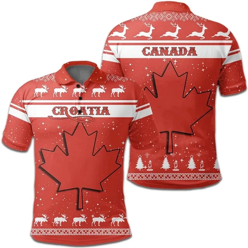 T-shirt Men Clothing Polo Shirts Street Canada Flag Print Casual Short Sleeve Tops Shirt Newest Lapel Zipper Tees Clothing 2024