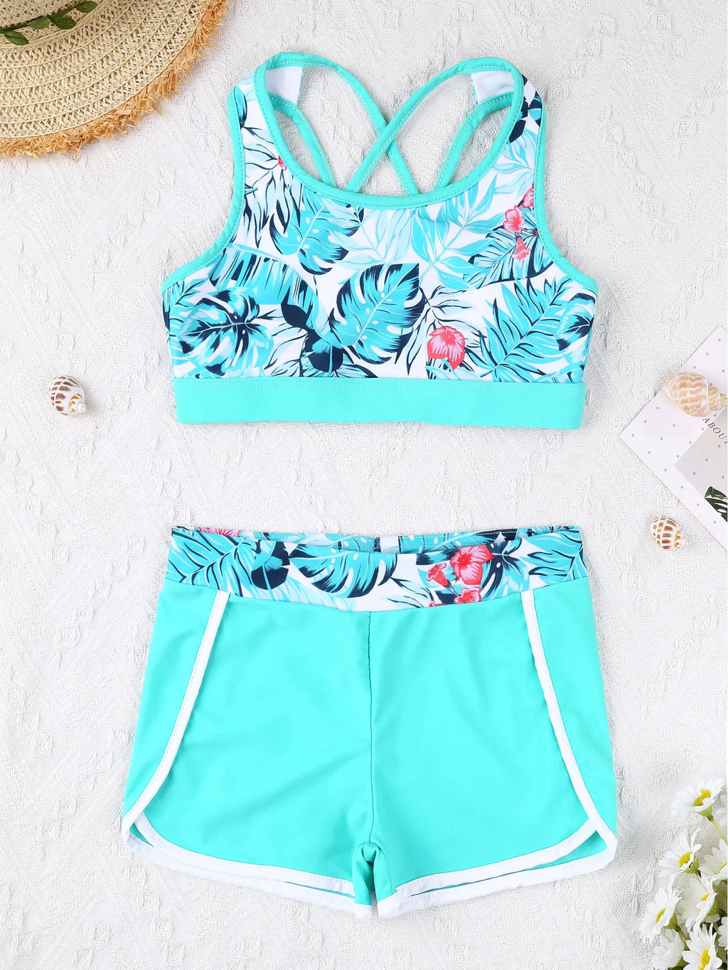 Girl'sSwimsuit Outfit Crop Top with Boyshorts Childrens Swimwear Kids Bathing Suit Swimming Set Beach Pool Printed Two Pieces