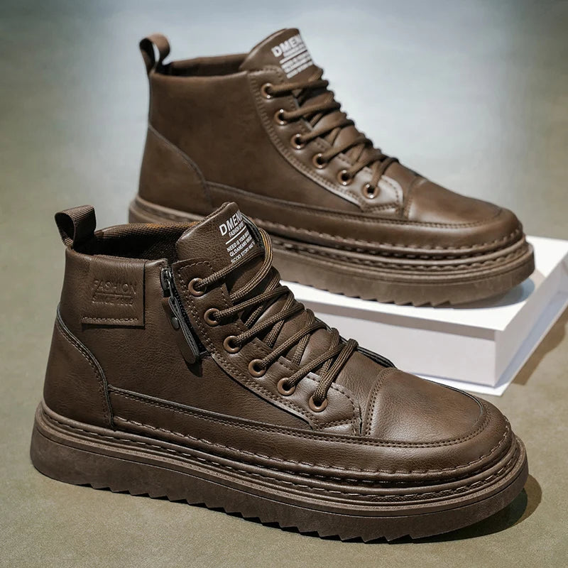 Men Boots Autumn Leather Waterproof Mid-top Sports Shoes New Fashion Ankle Boots Casual Outdoor Hiking Boots Shoes Male Sneakers