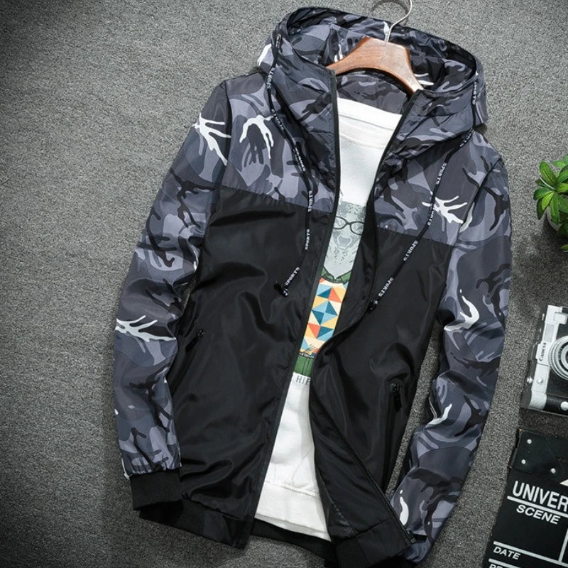 Men's Jackets Spring Hooded Printing Camouflage Windbreaker Zip Lightweight Jackets Slim Crop Fashion Design on The Back Coats