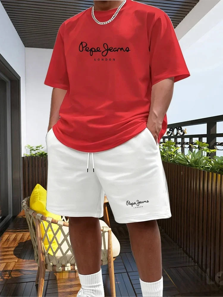 New Summer Fitness Sportswear for Men, Short-sleeved T-shirt and Shorts Two-piece Set, Breathable and Quick-drying Casual Wear.