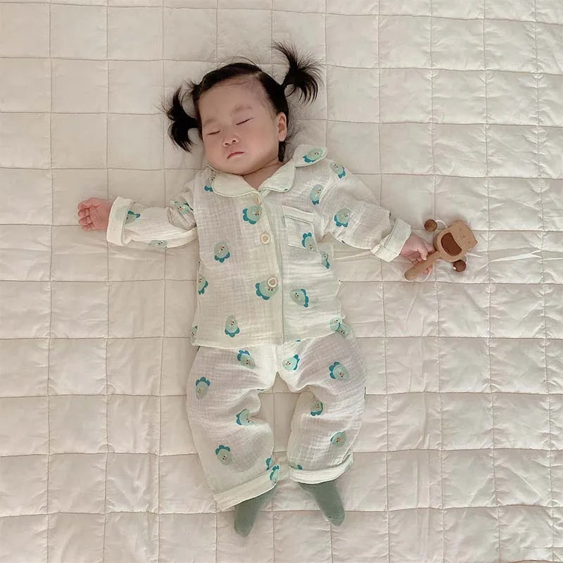 2Pcs Autumn New Kids Pajamas Korean Long Sleeve Print Bear Cardigan And Pants Cotton Musline Yarn Sleepwear