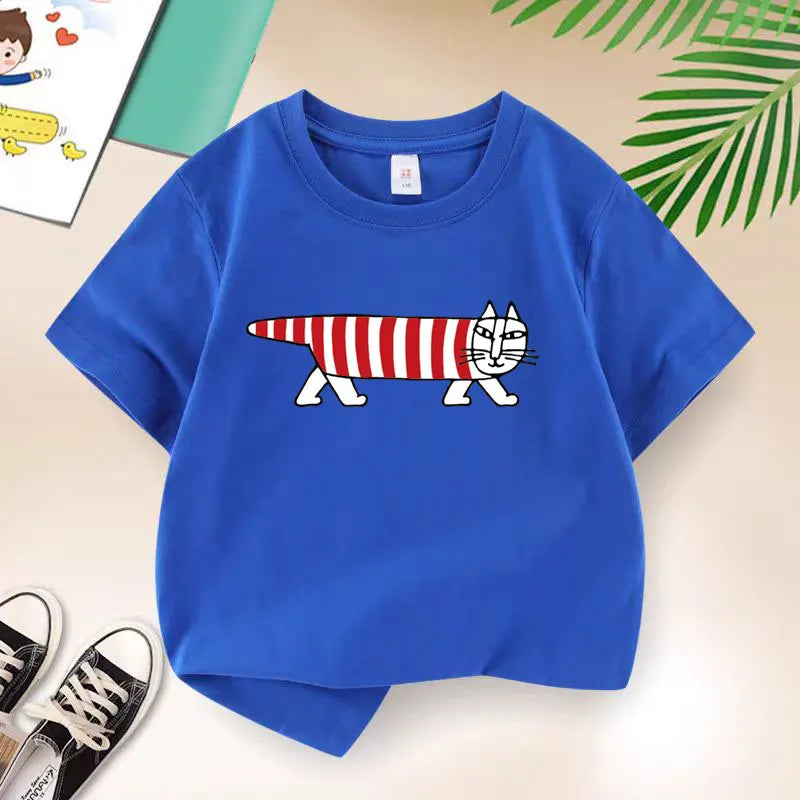 Korean Sweater Cat Children Clothing New Boys T-shirt Teen Funny Summer Top Cotton Kids Short Sleeves Baby Kids TShirt 2-12 Year