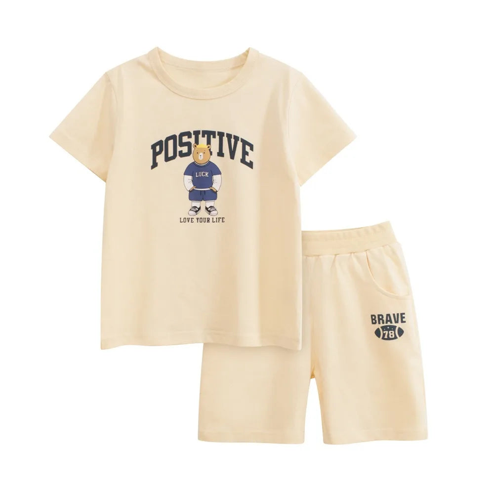 2025 Children Clothing Set Boys Girls Bear Cartoon Short Sleeve Cotton Sweatshirt Set Kids Comfortable Casual Outdoor Outfit