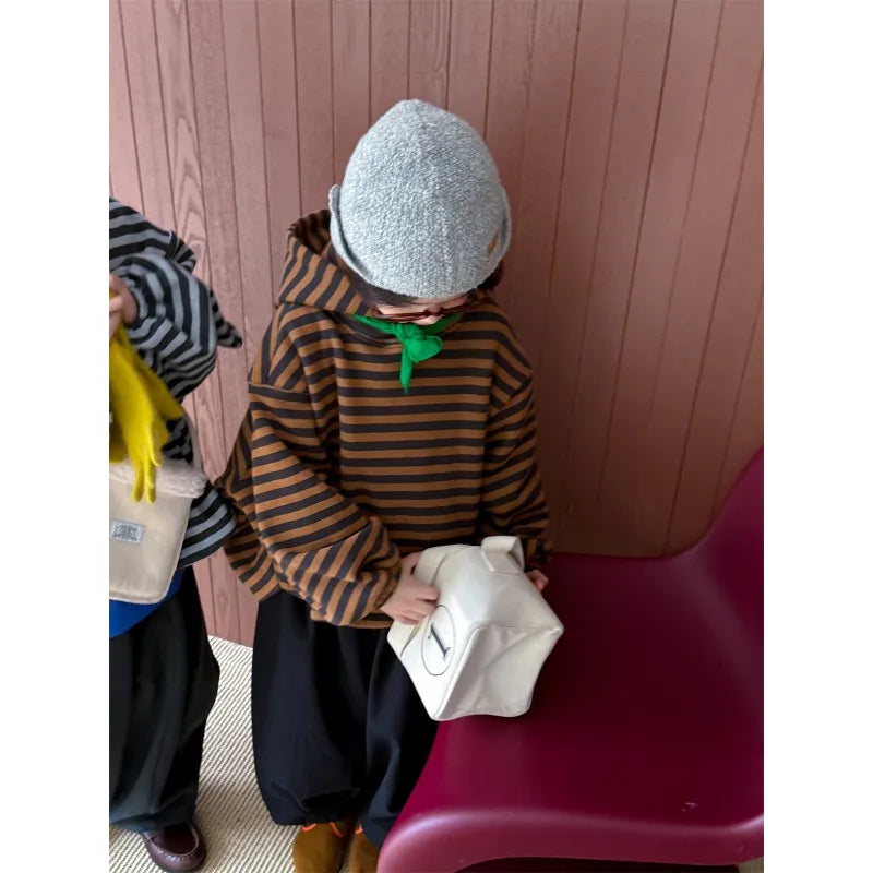 Boys Hoodie 2025 Autumn Winter Korean Style Fashion Trendy Minimalist Versatile Loose Striped Long Sleeve Hooded Top