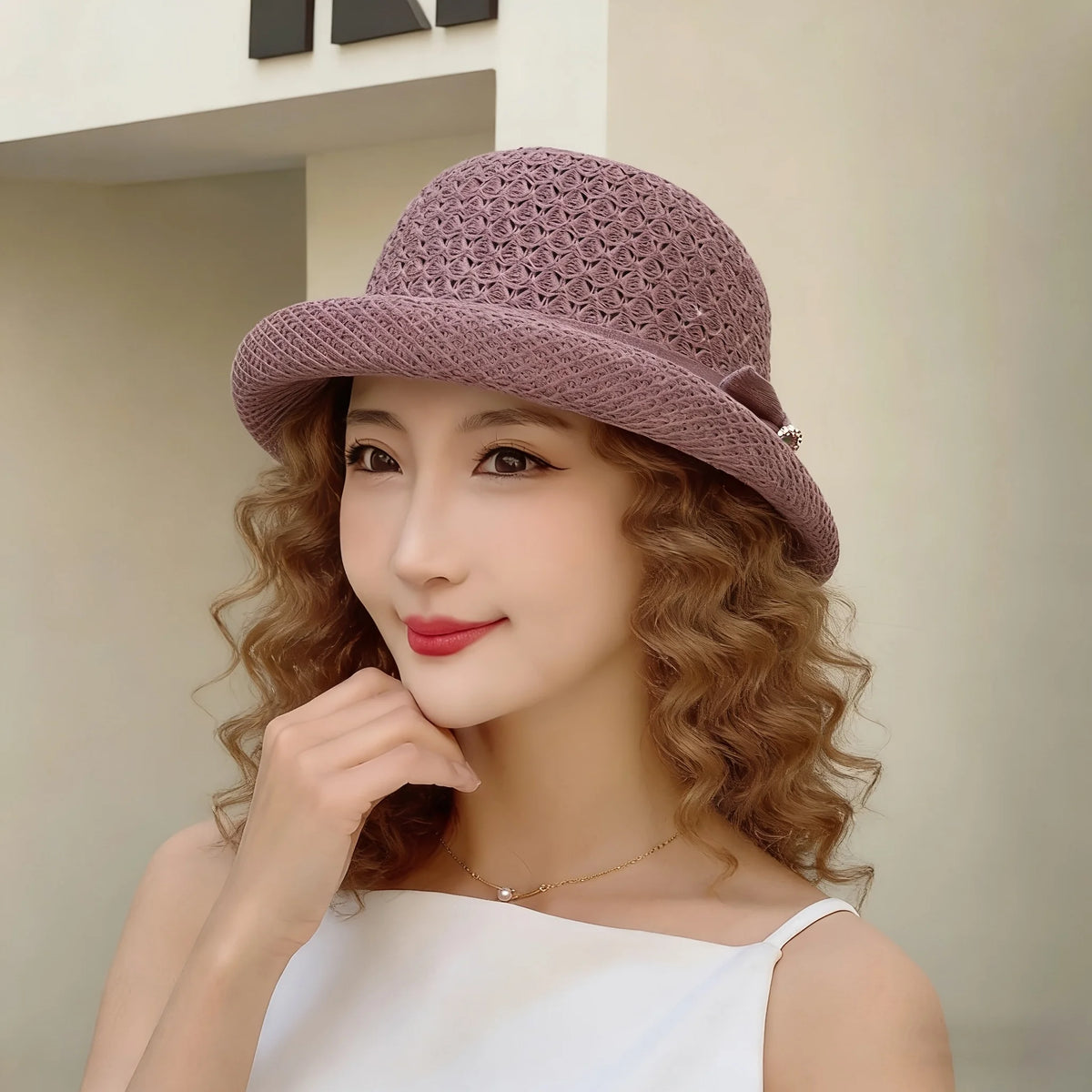 Women's Bucket Hat Features Breathable Crochet Design Bow Rhinestone Clasp,Casual Outings Vacations Summer Activities