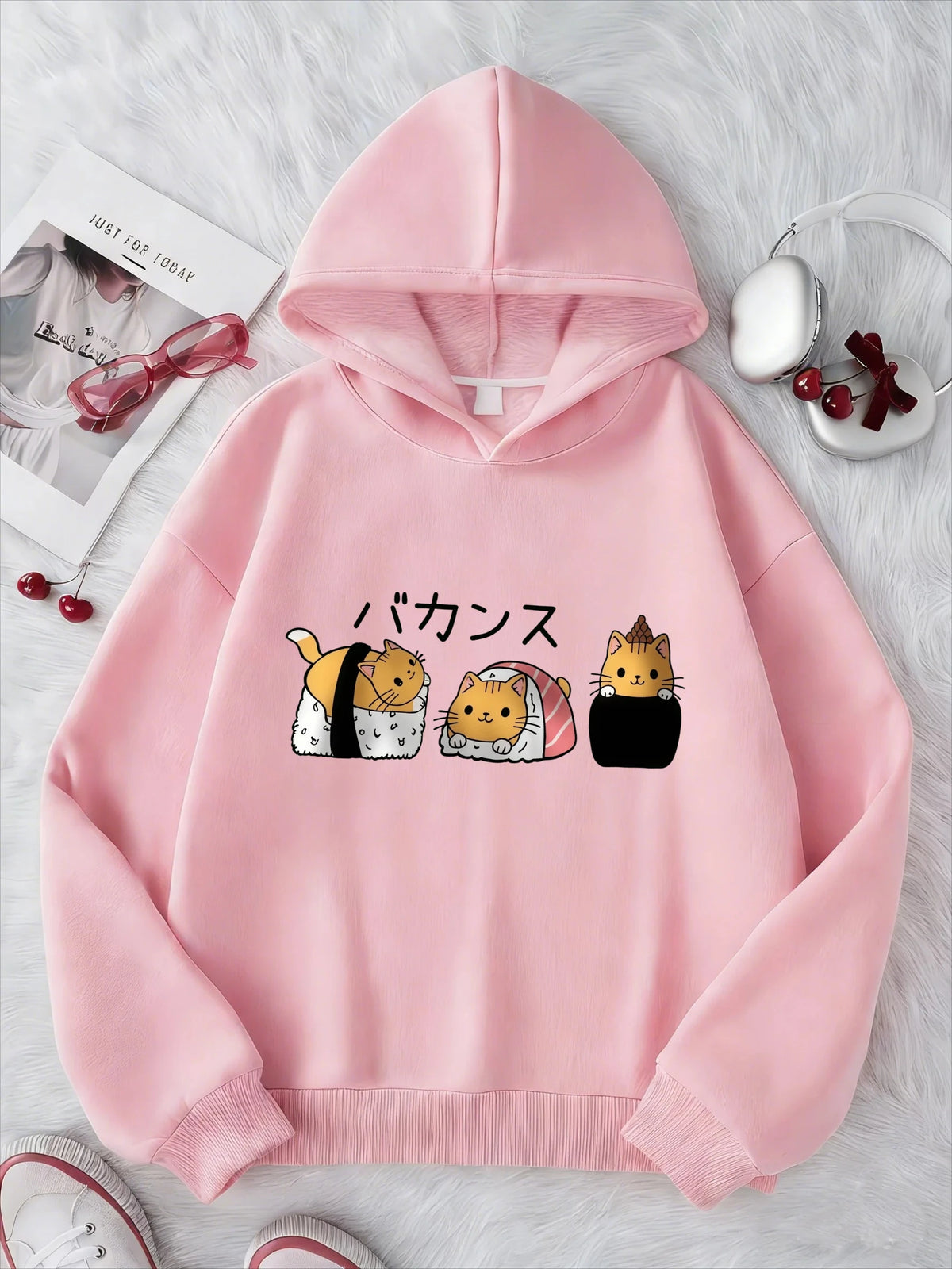 Autumn/Winter Children's Hooded Sweatshirt with Cute Cat and Sushi Print for Boys and Girls, Long-Sleeved Top Sweater