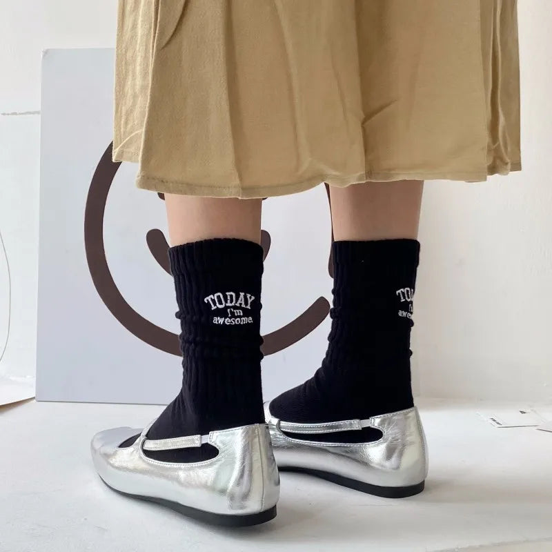 For Men Women Couple Funny Cotton Socks Embroidery Letter Today I’m Awesome Japanese Korean Designer Couple Mid-tube Sports Sox