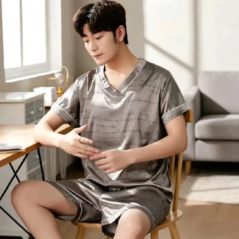 Plus Size Men's Pajamas Set Summer New Fashion Print Men's Sleepwear V-Neck Short Sleeve Shorts Homewear 2026 Casual Cool