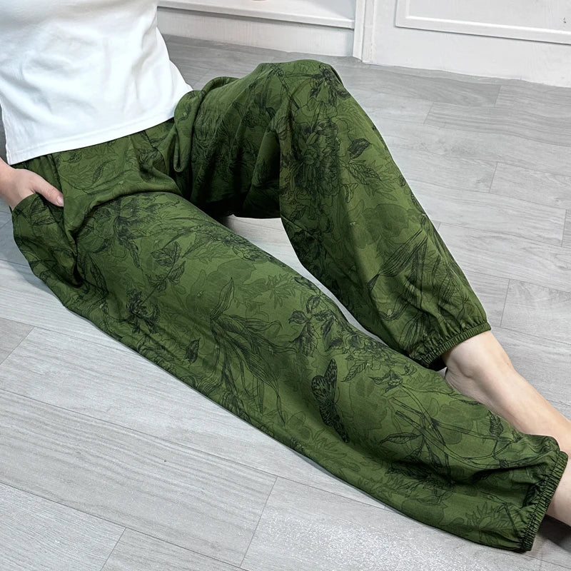 Cool Summer New Silk Cotton Spwear Loose Women's Wide Leg Pants Home Wear Floral Print Heat Resistant Comfortable Casual T...