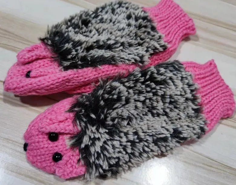 Women's All Finger Cartoon Hedgehog Gloves Cute Girls' Winter Knitted Gloves