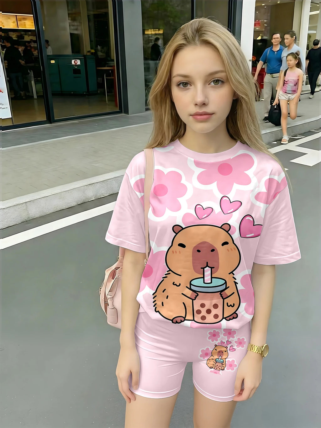 Kawaii Capybara Print Kids Pajama Set 2Pcs Girls Short Sleeve T-shirt Shorts Loungewear