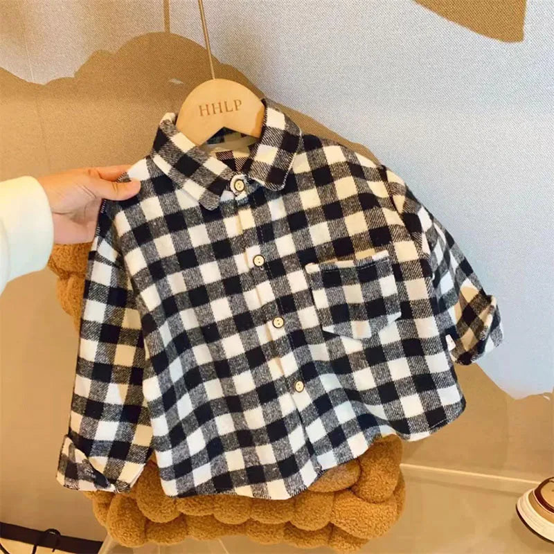 2025 New Autumn Kid's Shirts Boys Vintage Plaid Long Sleeve Shirt Girls Casual Turn Down Collar Blouse Children's Base Tops