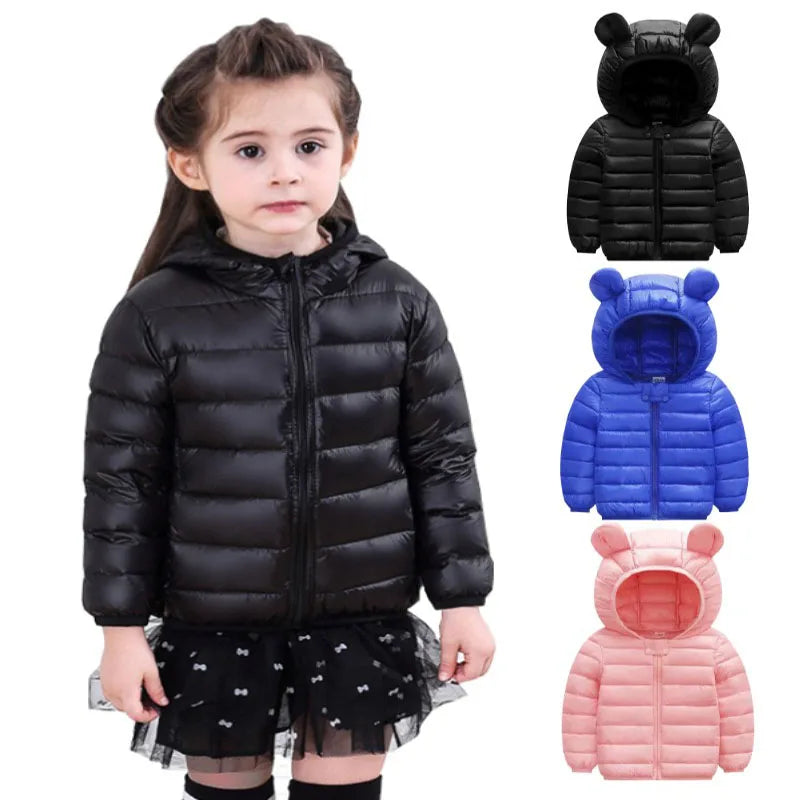 Kids Girls Hooded Lightweight Down Jackets Boys Baby Cute Ears Coats Autumn Winter Warm Zipper Outerwear Children Casual Clothes