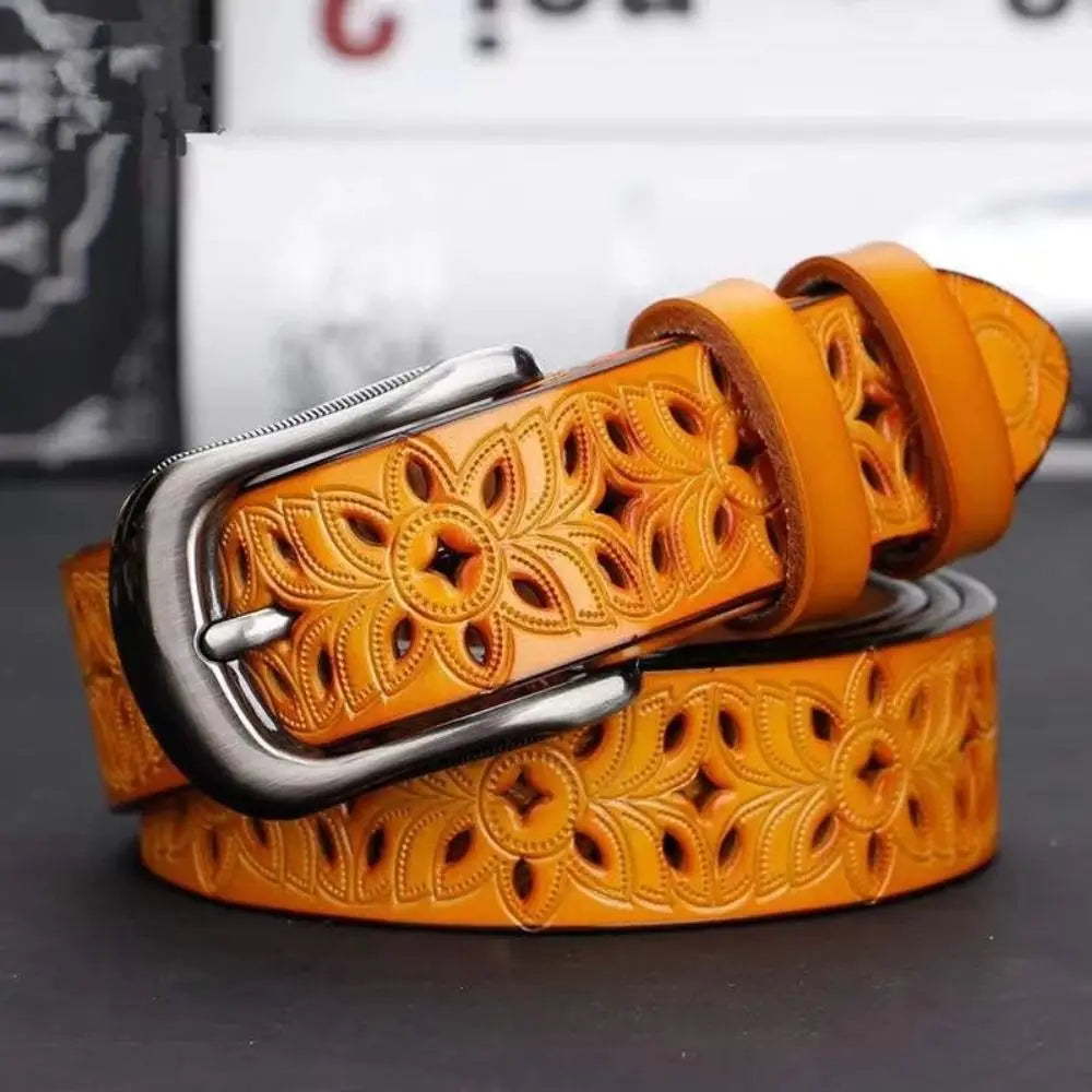 Women Leather Belts for Woman Belt Vintage Pin Buckle Strap Jeans Hollow Belt