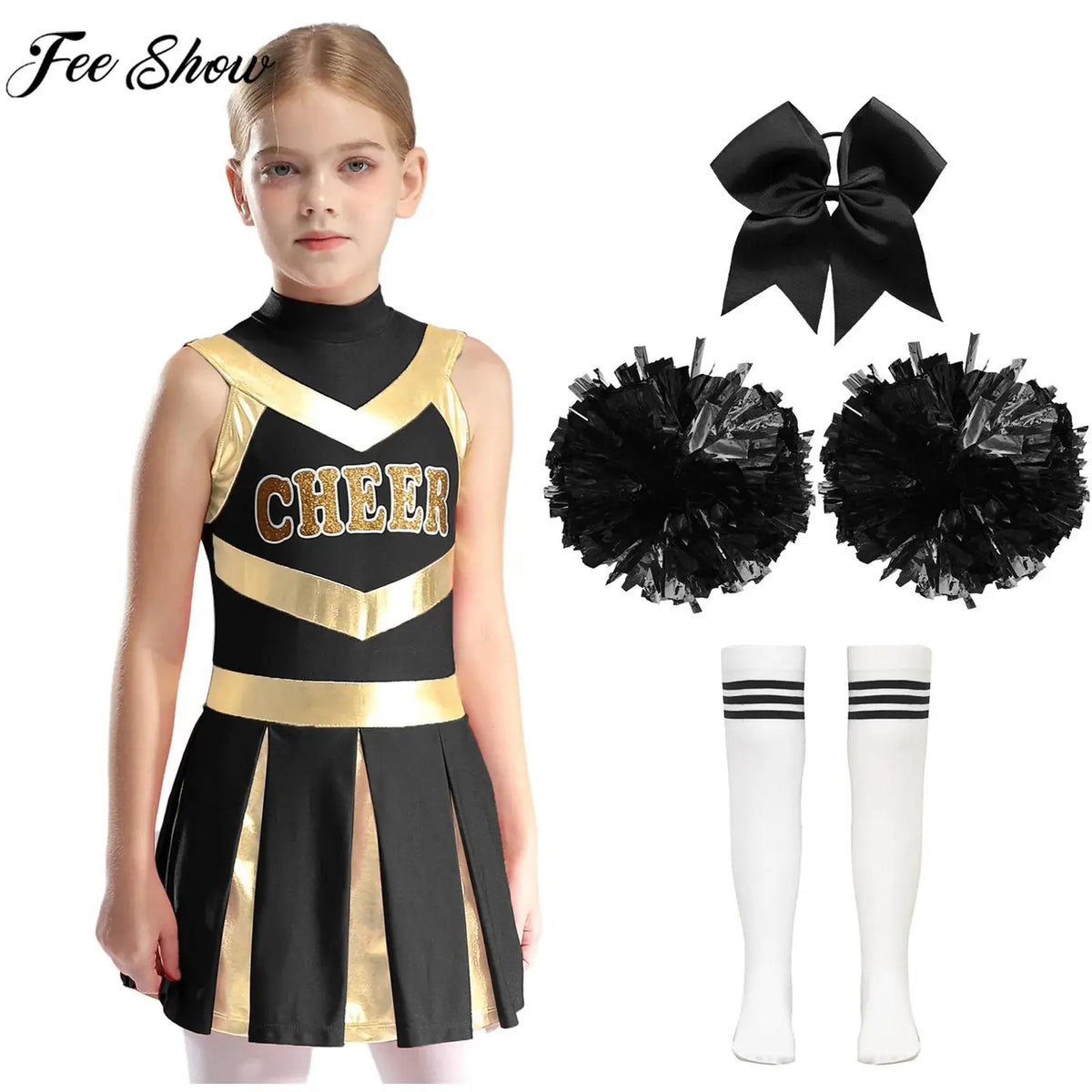 Kids Girl Cheerleading Dance Performance Costume Sleeveless Leotard Dress for School Show Sports Meeting Halloween Cosplay Party