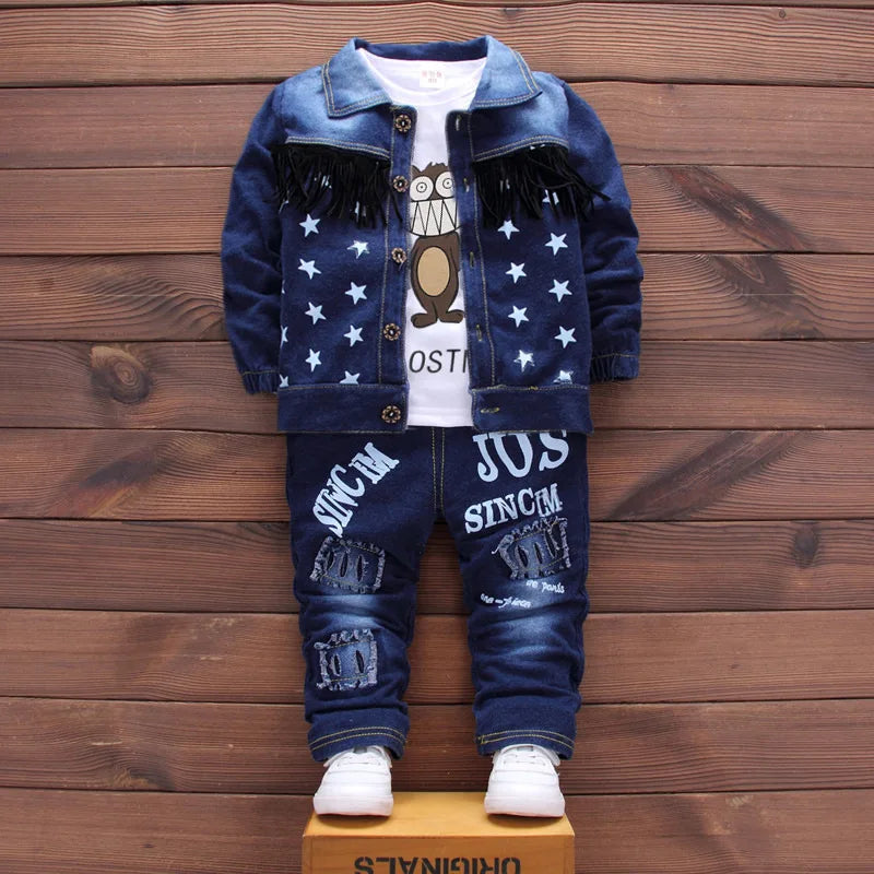 Kids New Denim Jacket Boys Coat Toddler Sport Clothes Suit Clothing Set Cotton Jeans Coat T-shirt Pants Star Tracksuit Children