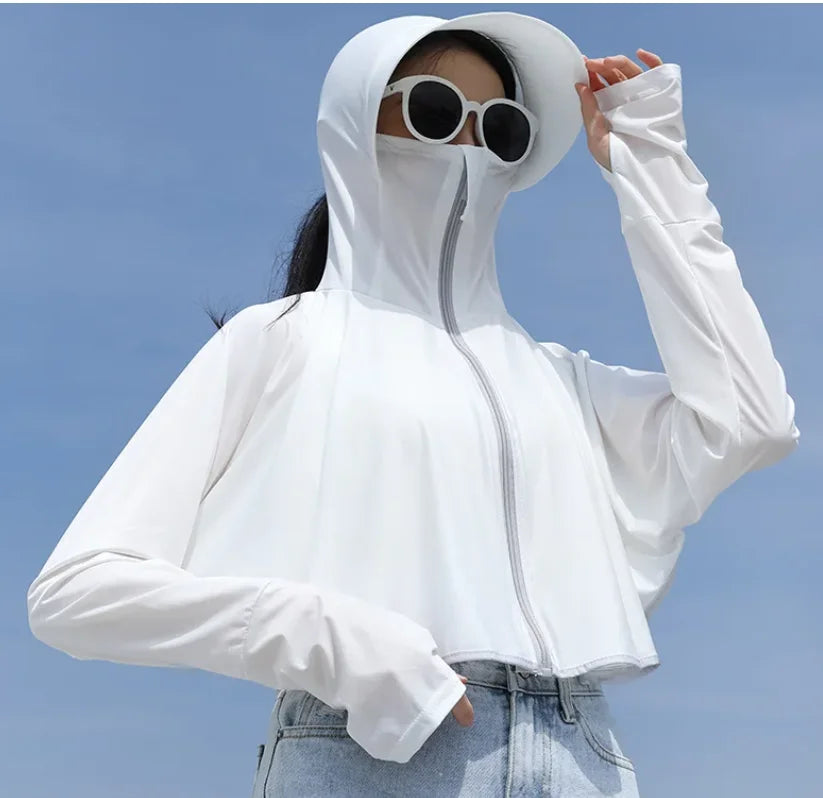 Women Sunscreen Hoodie Solid Color Thin Ice Silk Summer UV Protection Long-sleeved Jacket Breathable Shirt Clothing