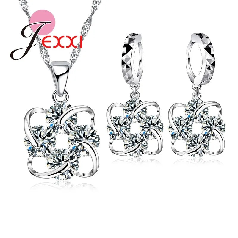 Women 925 Sterling Silver Jewelry Set Fashion Luxury Jewelry CZ Crystal Necklace Earring Pendant Bridal Jewellery Set
