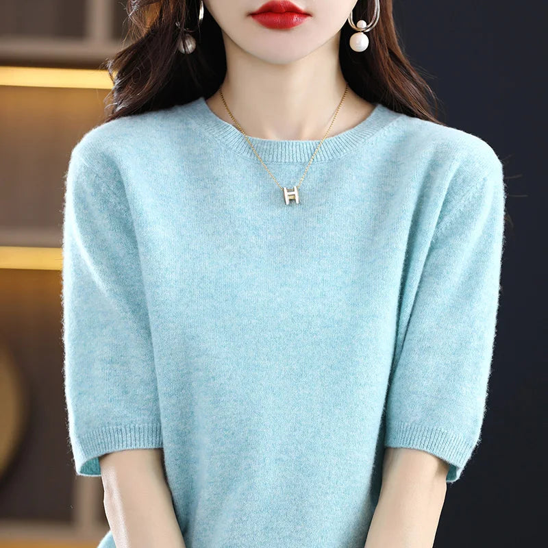 2025 New Spring Summer Women Sweater Short Sleeve O-Neck Pullover 100% Merino Wool Pure Color Knitted Jumper Female Clothing