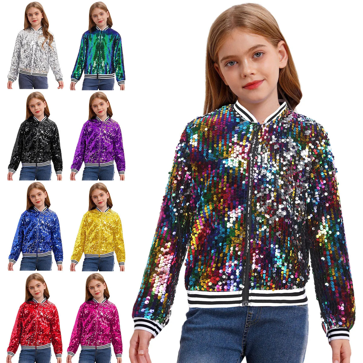 Kids Girls Long Sleeve Fashion Sequin Baseball Jacket Bomber Coat Hip Hop Jazz Street Dance Cheerleading Performance Dancewear