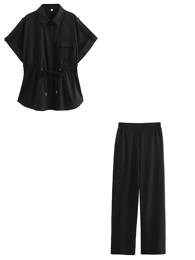 KONDALA Vintage Casual Solid Women Suit Single Breasted Short Sleeve Shirt Loose Long Pants Chic Fashion 2025 Summer Basics Sets