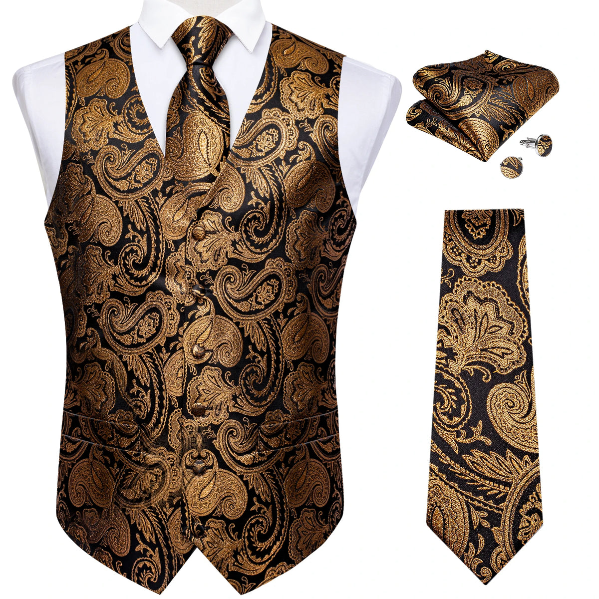 Luxury Paisley Gold Vest for Man Formal Yellow Solid Men's Waistcoat Necktie Pocket Square Wedding Business Chaleco Hombre