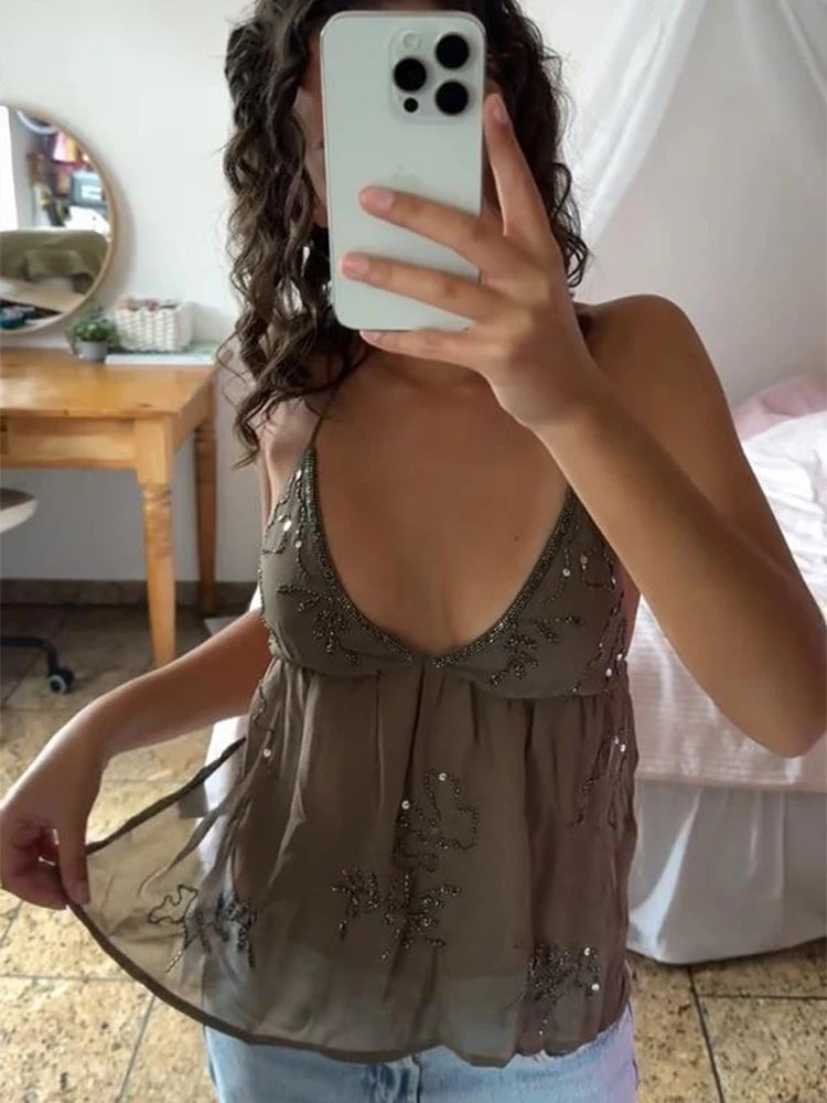 Bead Studded Women Halter Top Sequin Straps Large Backless Lace Up Sexy V-Neck Vest Suspender Mesh Micro perspective Tank Blouse
