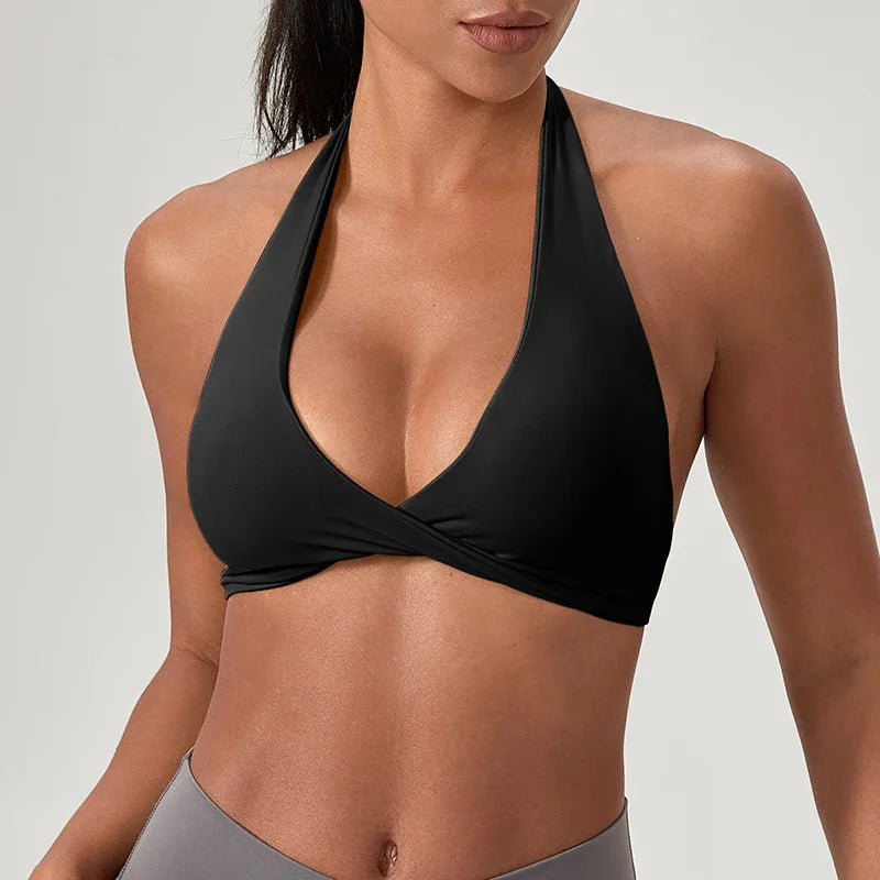 Sports Yoga Bra For Women Underwear Sportswear Halter Neck With Stylish Back Sexy Gym Bra With Cups Running Fitness Backless Top