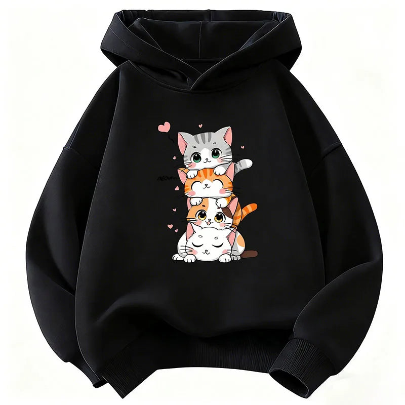 Cute Cat Graphic Kids Hoodie Long Sleeve Sweatshirt Cartoon Animal Boys Girls Clothes Kawaii Kitten Tops Y2K Children Hoody
