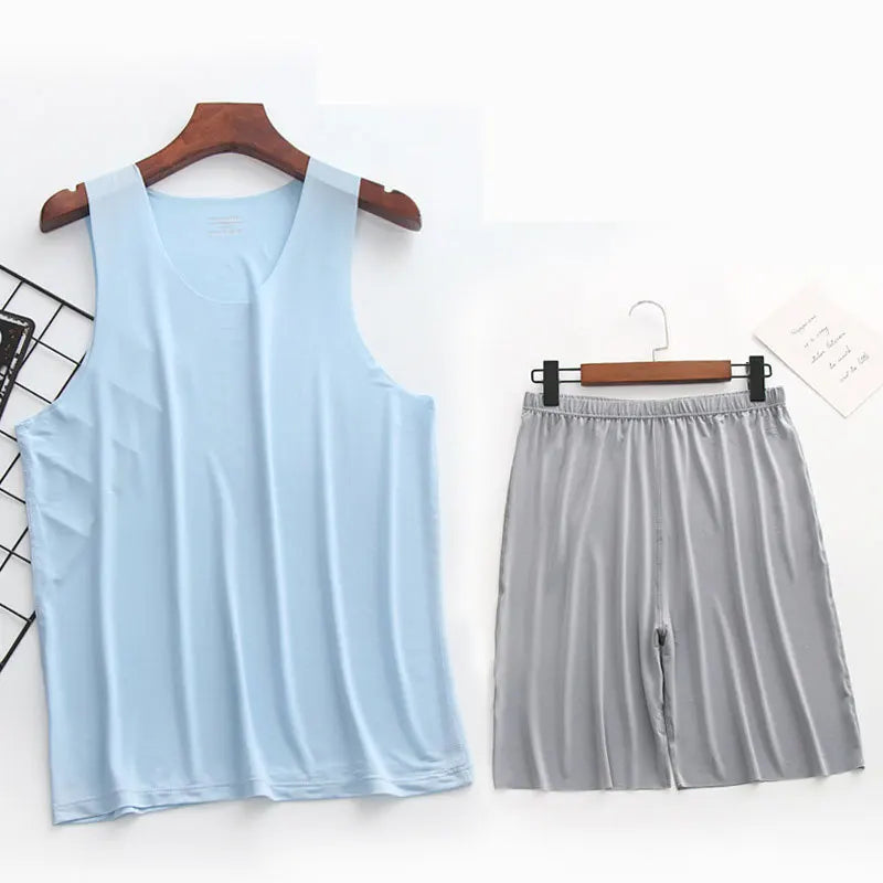Mens Ice Silk T-Shirt & Short Pants 2Pcs Pijamas Sleep Set Ultra-thin Homewear Clothing Summer Pyjamas Sleepwear Nightwear Suit
