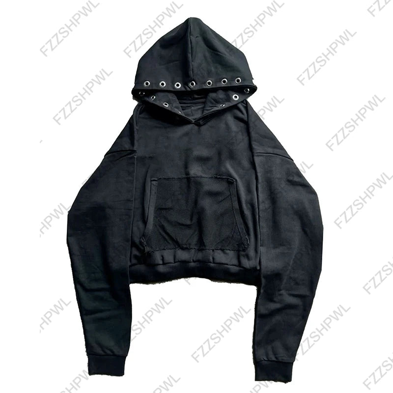 Unique Harajuku Rivet design Y2K Zip up hoodie Fashion Rock Gothic Faux Fur Collar Zipper Hoodie sweatshirt Casual Punk Clothes
