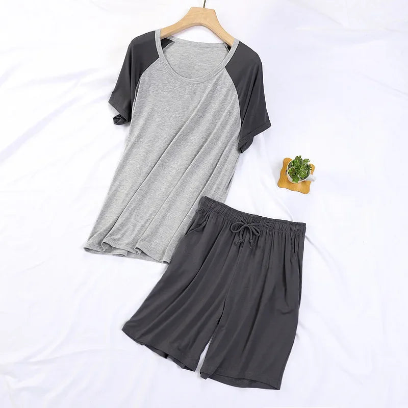 Summer Casual Pajamas Sets for Men Fashion Patchwork Comfort Modal Cotton Short Sleeve Shorts Home Two Pieces Men Sleepwear Suit