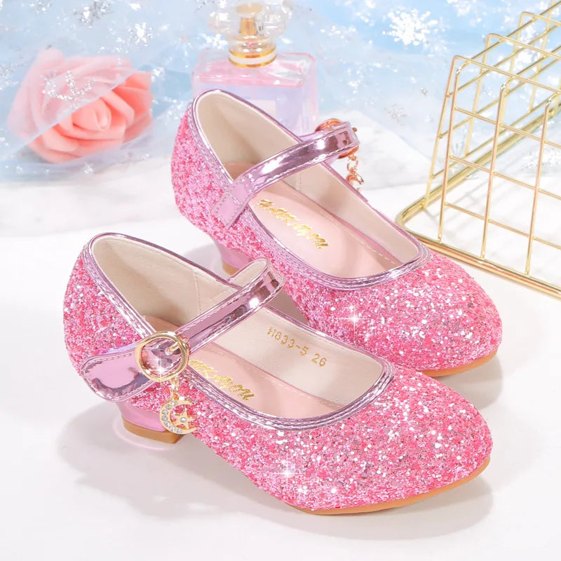 2025 New Children High Heels Red White Pink Sliver Girls Sequin Princess Shoe Four Seasons Students Dance Performance Show Shoes