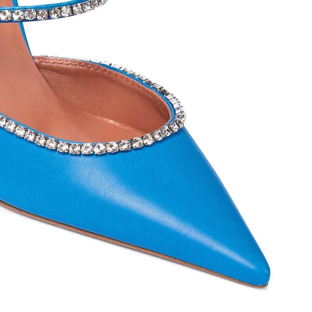 Blue Women High Quality Mules Pointed Toe Pumps Luxury Rhinestone High Heels Lady Shoes