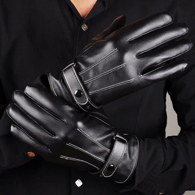 Winter Gloves for Men PU Leather Button Warm Mittens Outdoor Sports Driving Skiing Men's Windproof Black Gloves Winter Supplies