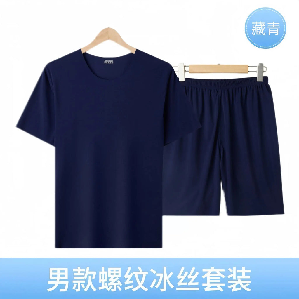 Two-Piece Men's Ice Silk Pajamas Men's Summer Thin Modal Short-Sleeved Pajamas Homewear Men's Large Size Pajamas Homewear Set