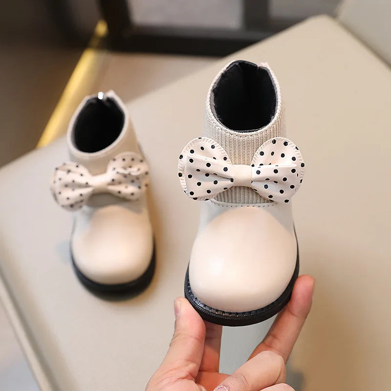 Children's Cotton Boots Winter New Kids Shoes Bow Girls Soft Bottom PU Leather Boots Baby Side Zipper Design Boots Toddler Shoes