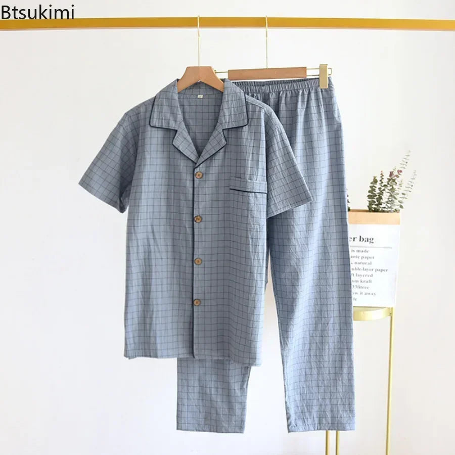 2026 Men's Spring Summer Pajamas Short Sleeved Top and Pants Washed Cotton Simple Plaid Home Service Suit Pantalon Pijama Hombre